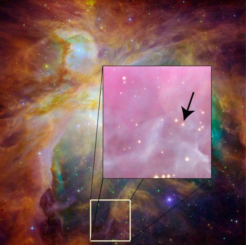 The arrow points to the location of the identical twin stars in the Orion Nebula, the stellar nursery that is closest to Earth. The pair are in such a close orbit that they appear as a single point of light. (Credit: NASA/JPL, HST, David James) 